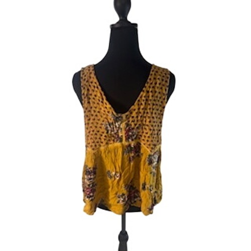 Altar'd State Mustard Yellow Floral Boho Sleeveless V-Neck Lace Trim Top Small